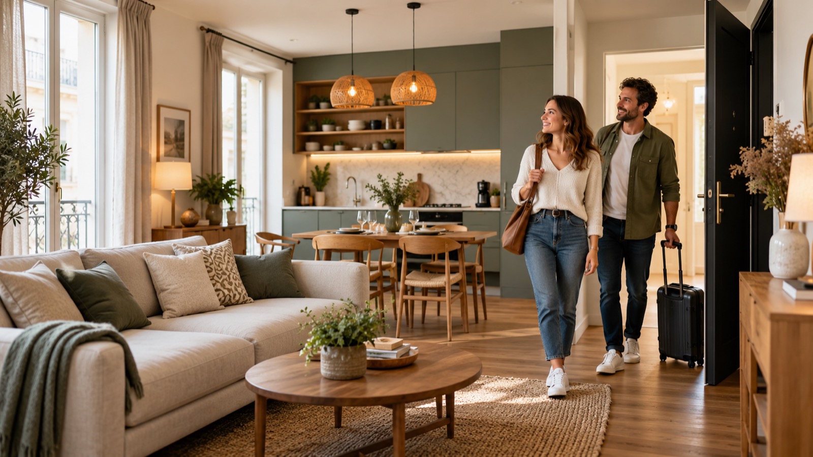 Des voyageurs arrivent dans un appartement meublé